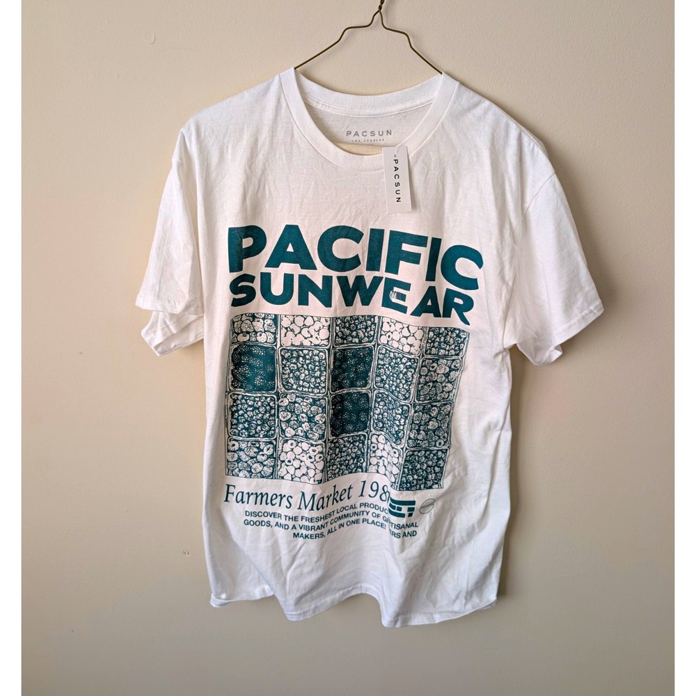 PacSun TShirt Mens L White Short Sleeve Crewneck Cotton Farmers Graphic Logo NWT